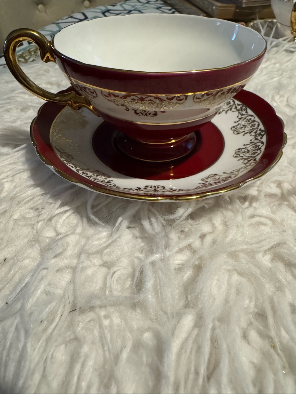 Vintage Crown Staffordshire Teacup & Saucer Burgundy Gold England Bone China